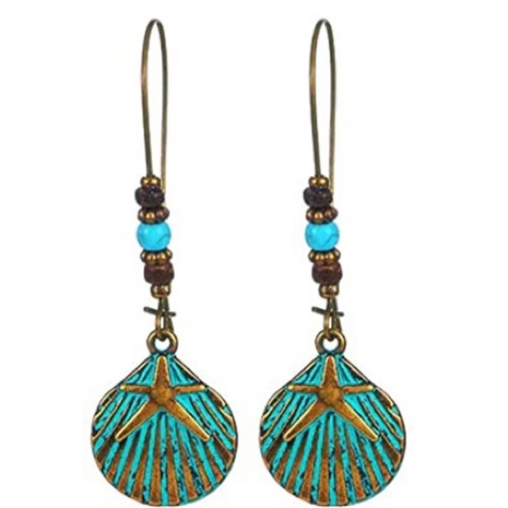 Seashell Earrings Turquoise Bronze Seashell Starfish Dangling Beaded Earrings - Picture 9 of 10